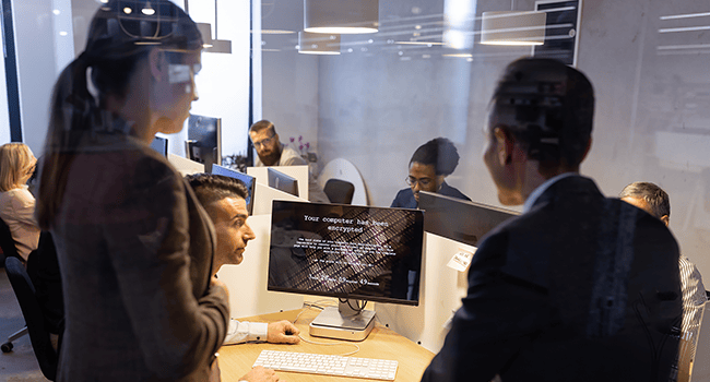 Medarbetare på kontor vid skärm