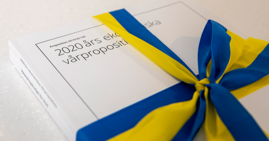 The printed spring budget with blue and yellow ribbon