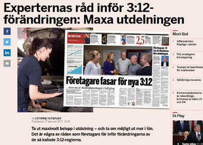 PwC:s skatterådgivare intervjuas i Dagens industri om 3:12-förändringen