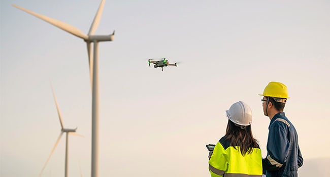 Personer styr dronare vid vindkraftverk