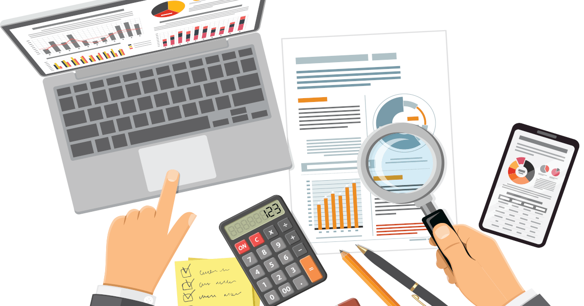 Illustration of desktop with laptop, calculator and papers